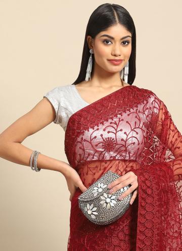 Maroon color Net Trendy Saree with Embroidered