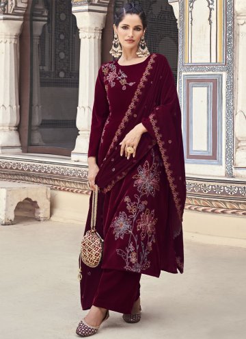 Maroon color Velvet Trendy Salwar Kameez with Embroidered