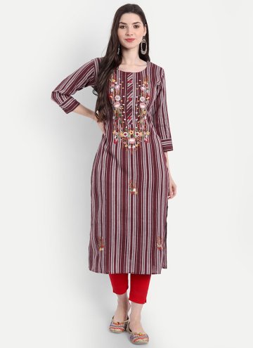 Maroon Cotton  Embroidered Party Wear Kurti for Ca