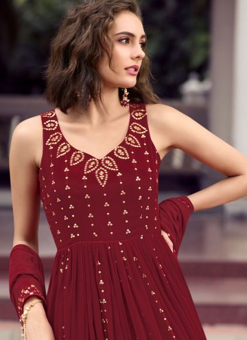 Maroon Designer Gown in Georgette with Embroidered