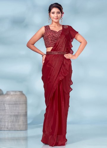 Maroon Designer Saree in Silk with Plain Work