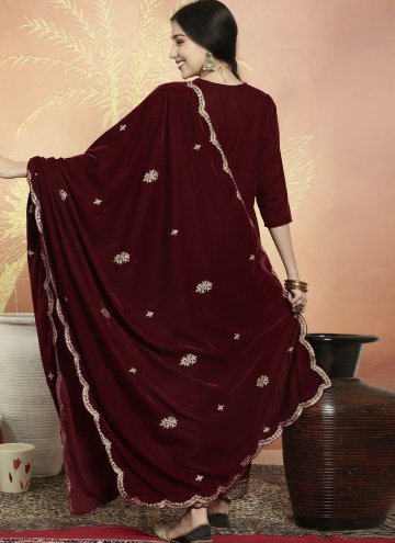 Maroon Velvet Embroidered Pant Style Suit for Ceremonial
