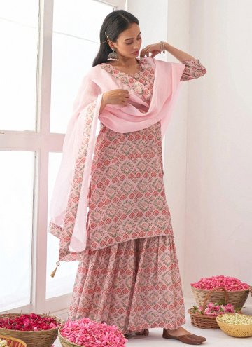 Muslin Palazzo Suit in Pink Enhanced with Floral P