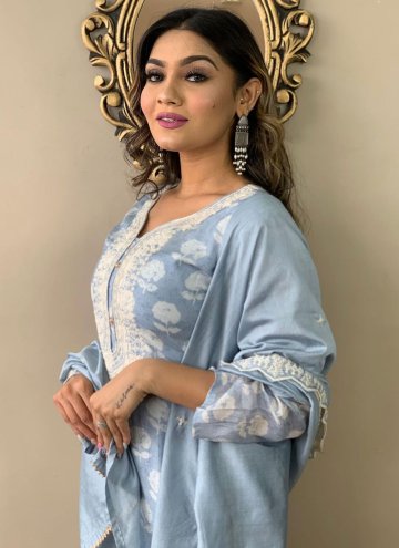 Muslin Trendy Salwar Kameez in Blue Enhanced with Embroidered