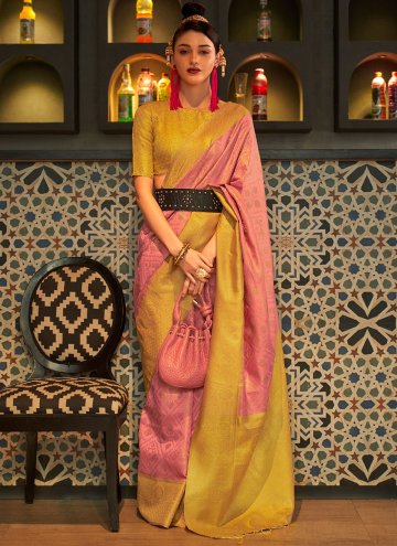 Mustard and Pink Contemporary Saree in Handloom Si