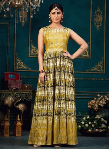 Mustard Chinon Digital Print Gown for Ceremonial