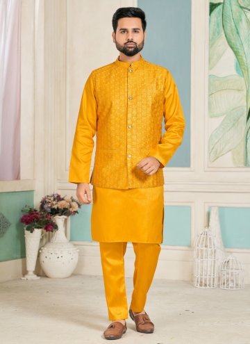 mustard color banglori silk kurta payjama with jacket with embroidered 39940