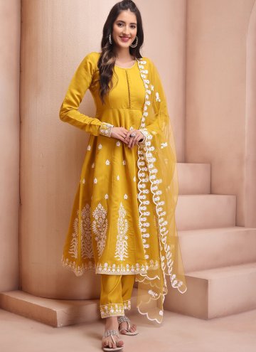 Mustard color Chanderi Pant Style Suit with Embroidered