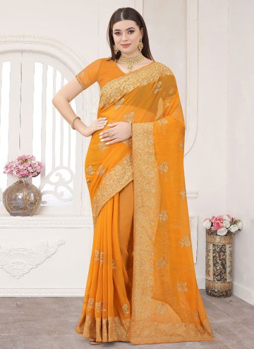 Mustard color Embroidered Silk Trendy Saree