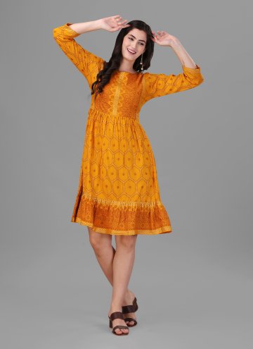 Mustard color Rayon Casual Kurti with Foil Print