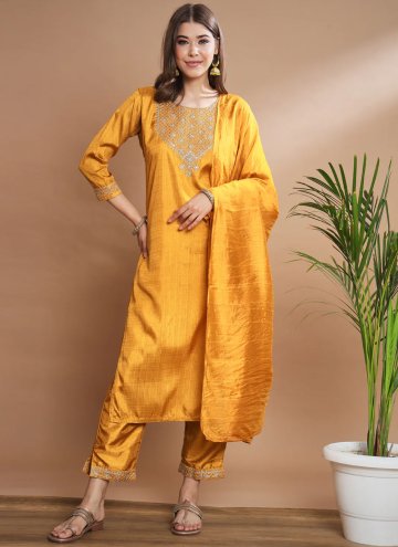 Mustard color Silk Blend Pant Style Suit with Embr