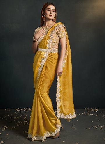 Mustard Designer Saree in Crepe Silk with Embroide