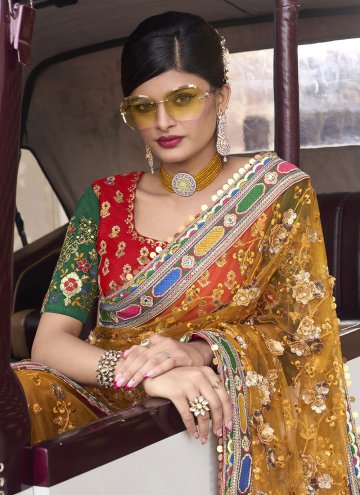 Mustard Designer Saree in Net with Embroidered