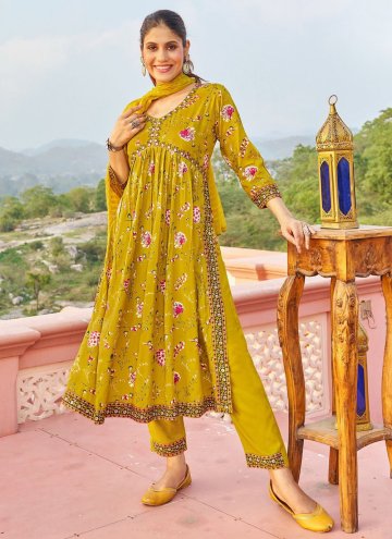 Mustard Rayon Embroidered Pant Style Suit