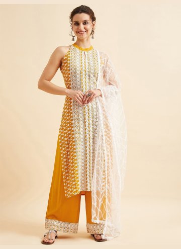 Mustard Straight Salwar Kameez in Rayon with Embroidered