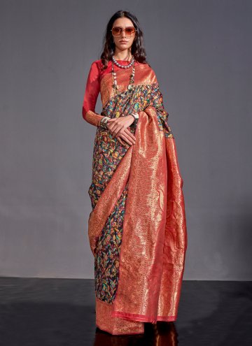 Navy Blue and Red Handloom Silk Woven Classic Desi