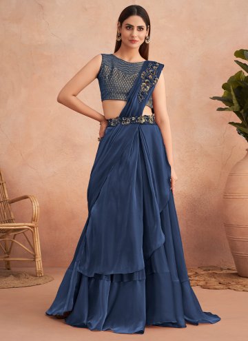 Navy Blue Art Silk Embroidered Trendy Saree for Engagement