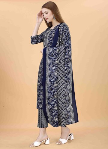 Navy Blue Blended Cotton Embroidered Trendy Salwar Kameez for Casual