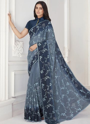 Navy Blue Classic Designer Saree in Chiffon with Machine Embroidery