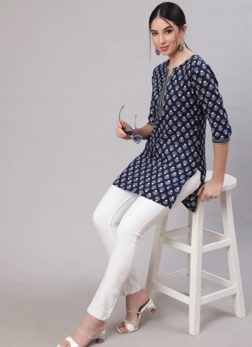 Navy Blue color Cotton  Party Wear Kurti with Printed