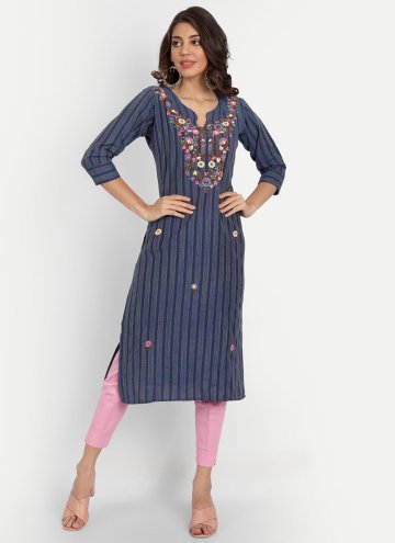 Navy Blue color Embroidered Cotton  Casual Kurti