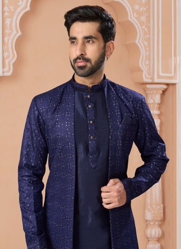 Navy Blue color Embroidered Silk Indo Western Sherwani