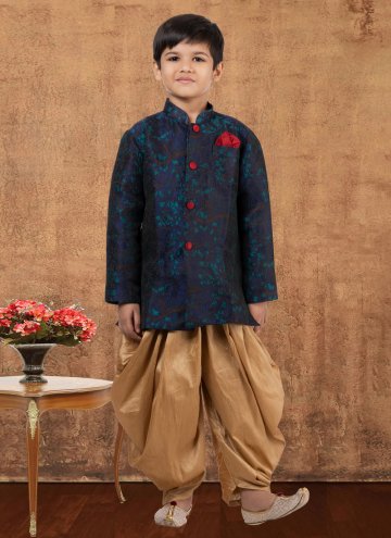 Navy Blue color Jacquard Silk Indo Western with Fa
