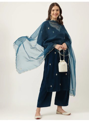 Navy Blue color Velvet Trendy Salwar Suit with Hand Work