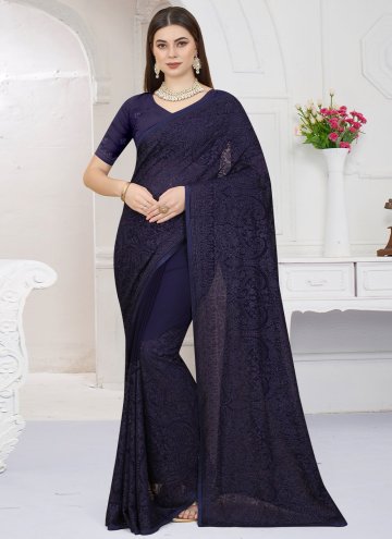 Navy Blue Contemporary Saree in Georgette with Embroidered