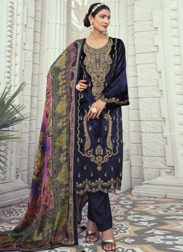 Navy Blue Designer Salwar Kameez in Velvet with Embroidered
