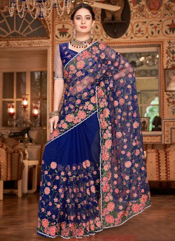 Navy Blue Net Embroidered Classic Designer Saree for Ceremonial
