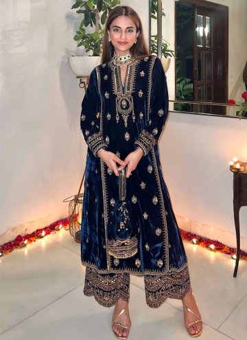 Navy Blue Pakistani Suit in Velvet with Embroidere