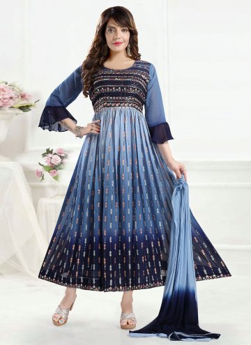 Navy Blue Readymade Designer Gown in Faux Georgette with Embroidered
