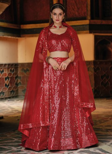 Net A Line Lehenga Choli in Red Enhanced with Embr