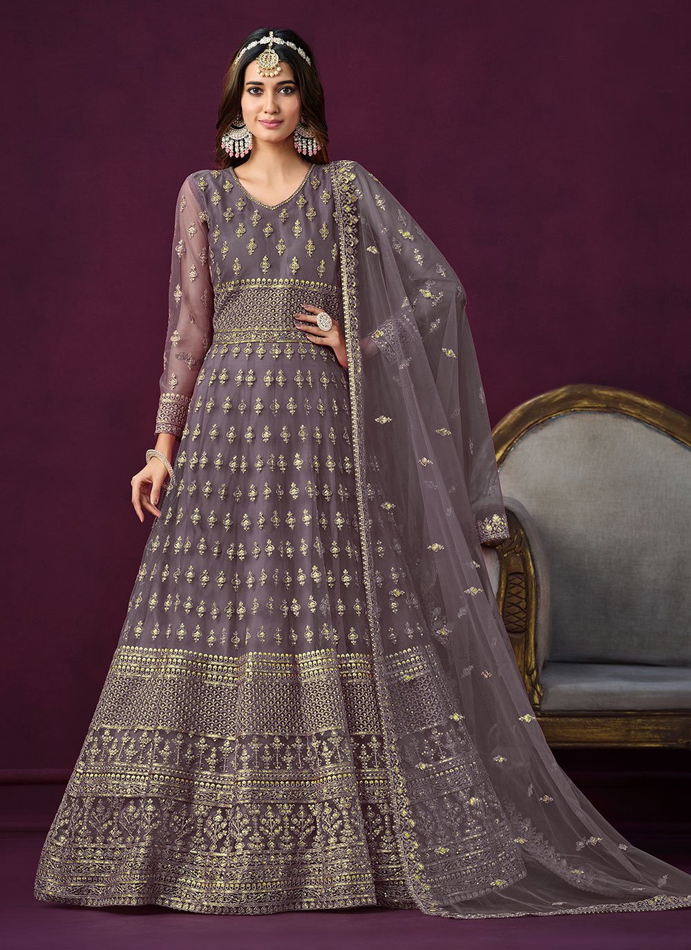 Net Anarkali Suit in Purple Enhanced with Embroidered