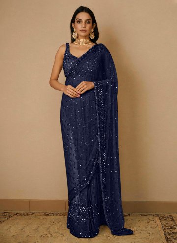 Net Contemporary Saree in Navy Blue Enhanced with 