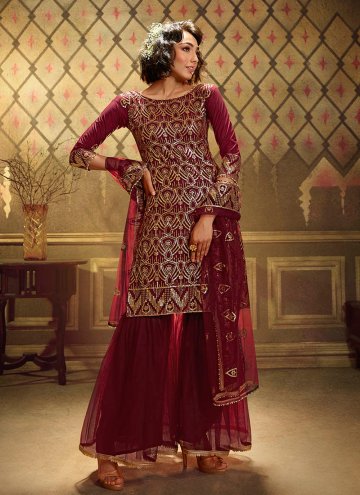 Net Palazzo Suit in Maroon Enhanced with Sequins W