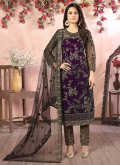 Net Pant Style Suit in Black and Purple Enhanced with Embroidered - 1