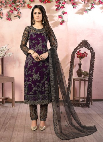 Net Pant Style Suit in Black and Purple Enhanced w