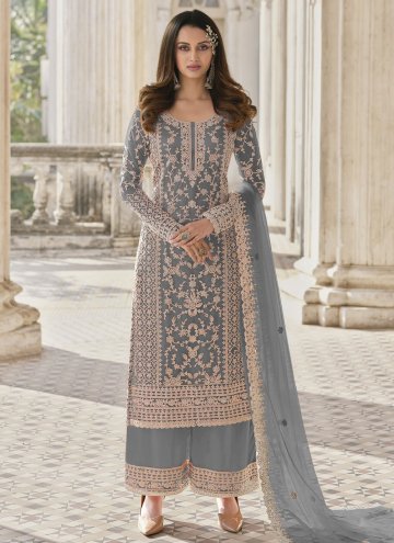 Net Salwar Suit in Grey Enhanced with Embroidered