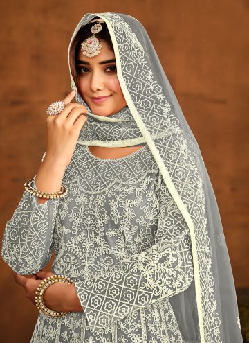 Net Trendy Salwar Kameez in Grey Enhanced with Embroidered