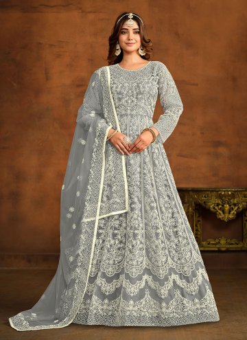 Net Trendy Salwar Kameez in Grey Enhanced with Embroidered