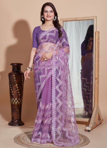 Net Trendy Saree in Purple Enhanced with Embroidered