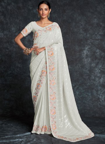 Off White Georgette Embroidered Contemporary Saree
