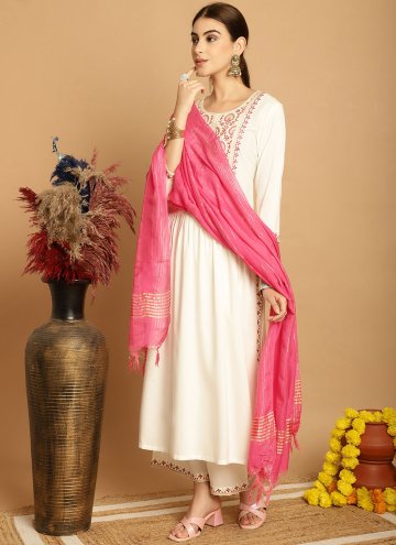 Off White Palazzo Suit in Rayon with Embroidered