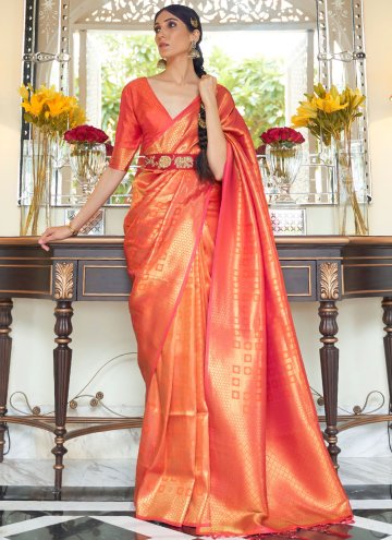Orange color Handloom Silk Designer Traditional Saree with Woven