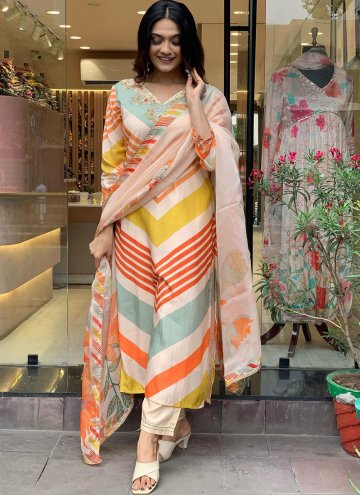 Orange color Muslin Pant Style Suit with Embroider