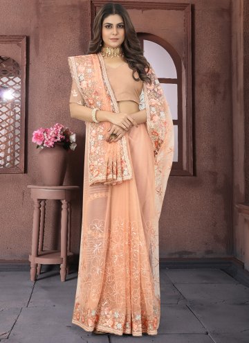 Orange color Net Classic Designer Saree with Embroidered