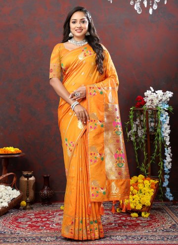 Orange color Silk Traditional Saree with Meenakari