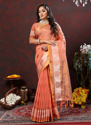 Orange color Soft Cotton Trendy Saree with Woven